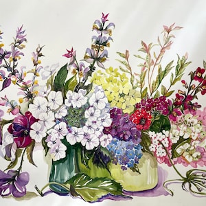 Antico dipinto ad acquerello, illustrazione botanica, fiori, vintage, arte moderna del XX secolo, cottage
