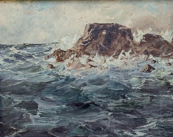 Very old oil sea painting, vintage, framed, retro, navy, antique