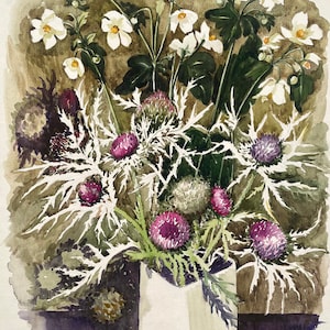 Bodegón antiguo, flores de acuarela, ilustración botánica, vintage, arte moderno siglo XX, casa de campo