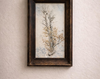 Cuadro al óleo de paisaje invernal vintage – Cuadro pequeño de árbol enmarcado – Arte rústico europeo para casa de campo – Decoración de pared neutra y sobria