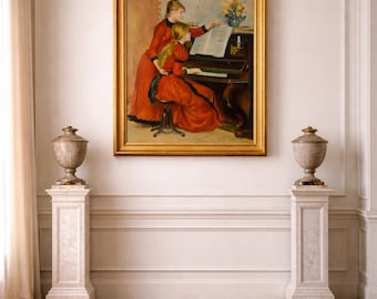 Cuadro antiguo de Renoir: “Dos chicas al piano” – Cuadro impresionista de gran tamaño enmarcado – Decoración de estilo parisino francés – Interior romántico