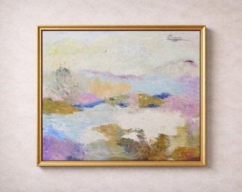 Pintura original de paisaje al óleo sobre lienzo, firmada en 1988, arte impresionista vintage.