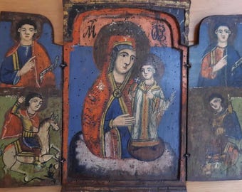 Rare Byzantine Handmade Orthodox Icon, Triptych, 19th century, authentic iconography, antique