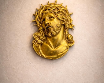Placa de pared de Jesús de bronce dorado vintage – Escultura en relieve de la Corona de Espinas – Gran pieza de arte religioso para pared – Decoración católica – Arte sacro de 30 cm