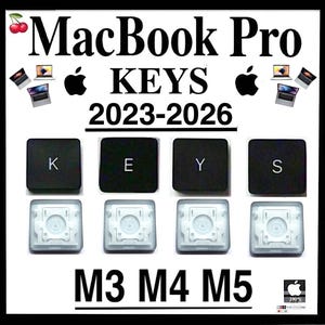 Op de afbeelding: Afbeelding van MacBook Pro-toetsen voor de modellen 2023-2026. De afbeelding toont vier zwarte toetsen met de letters "KEYS", met de letters K, E, Y en S. Onder de toetsen bevinden zich de toetsmechanismen. De tekst "M3 M4 M5" is ook zichtbaar.
