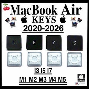 Op de afbeelding: Vervangende toetsenbordtoetsen voor MacBook Air-modellen 2020-2026. De afbeelding toont vier zwarte toetsen met de letters K, E, Y, S in witte opdruk, naast de bijbehorende witte plastic schaarmechanismen. Tekst bevat MacBook Air, i3 i5 i7 en M1 M2 M3 M4 M5.