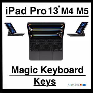 May include: A black Magic Keyboard for the 13-inch iPad Pro M4 M5, shown in three views: two angled side profiles and one front-facing view with the keyboard and trackpad visible. The text reads iPad Pro 13" M4 M5, Magic Keyboard Keys, and payment icons.