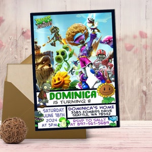 Invitation d'anniversaire plantes vs zombies, carte d'invitation plantes vs zombies, fichier numérique, faire-part numérique, imprimable