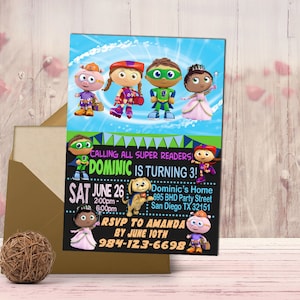 Invito di compleanno "Super Why", invito con biglietto "Super Why", invito "Super Why", file digitale, invito digitale, stampabile