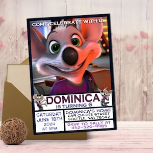 Invito di compleanno a tema Chuck E. Cheese, invito a tema Chuck E. Cheese, invito a tema Chuck E. Cheese, file digitale, invito digitale, stampabile