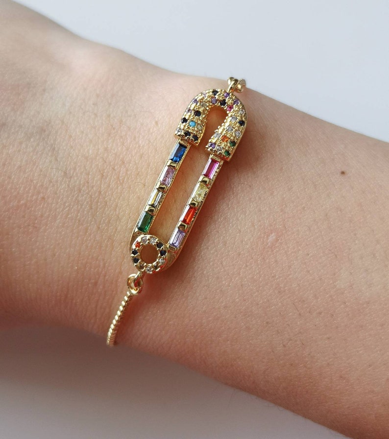 Adjustable Slider Bracelet Rainbow CZ Pave Gold Safety Pin Charm Gold Safety Pin Charm Bracelet