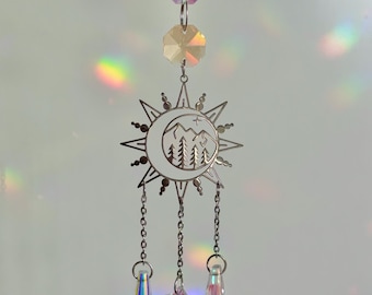 Mountain Sun Moon Car Suncatcher | Rearview Mirror Hanging Car Charm