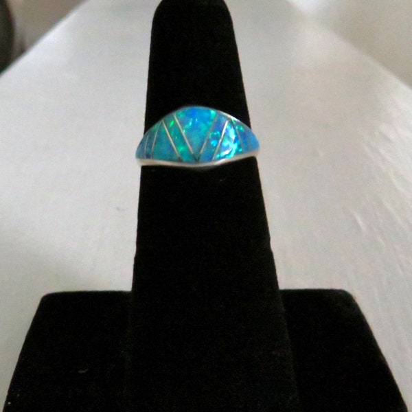 Solid Sterling Silver Inlay Blue Lab Opal Dome Ring