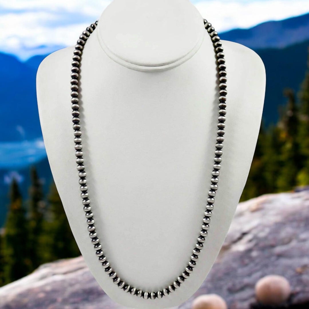 Navajo Pearl Style Sterling Silver Necklace Hand Strung 5mm Navajo Pearl Style Sterling Silver Necklace Hand Strung 5mm