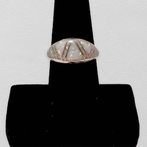Sterling Silver White Lab Opal Inlay Domed Band Ring