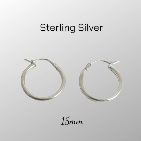 Sterling Silver 15mm x 2mm Hinged Hoop Click Top Earrings