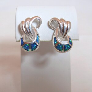 Sterling Silver Blue Lab Opal Inlay Doorknocker Earrings