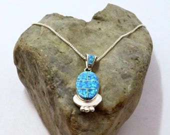 Sterling Silver Inlay Blue Lab Opal Pendant with Necklace