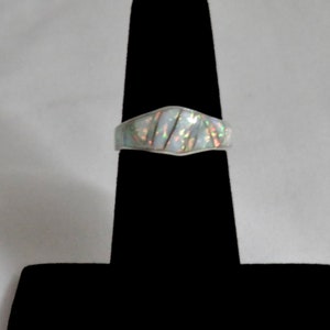 Solid Sterling Silver Inlay White Lab Opal Band Ring