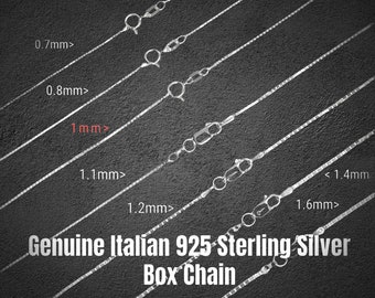 May include: A close-up of seven silver box chains of varying widths, ranging from 0.7mm to 1.6mm. The chains are laid out in a diagonal pattern on a black background. The text "Genuine Italian 925 Sterling Silver Box Chain" is displayed below the chains.
