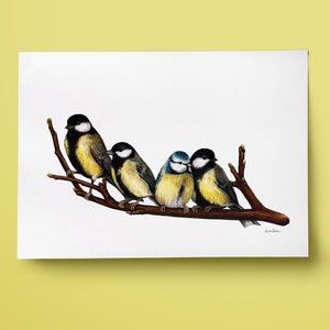 Cute Birds illustration Art print, hand-drawn bird poster, Great tit on a branch, wall art, nursery, beautiful drawing, yellow birdie,