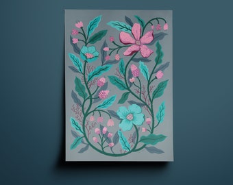 Whimsical Floral Art, modern botanical flower illustration, Pink & Blue Winter Flower art drawing, A3 poster