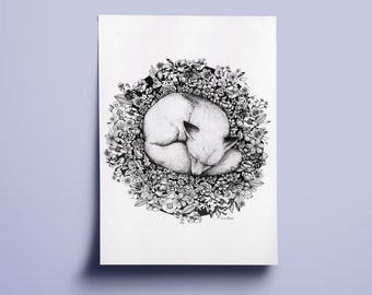 Fox sleeping in flowers Art print - Flower Bed Art - Black & White Pencil Fox illustration