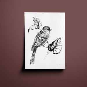 Boho illustration Bird Art print European greenfinch on a Branch Traditional Bird drawing, scandi design image 1