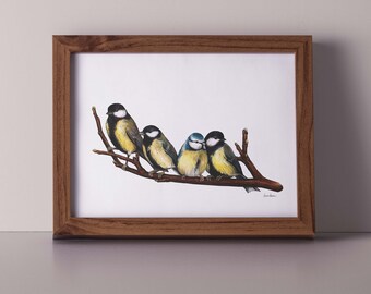 Cute Birds illustration Art print, hand-drawn bird poster, Great tit on a branch, wall art, nursery, beautiful drawing, yellow birdie,