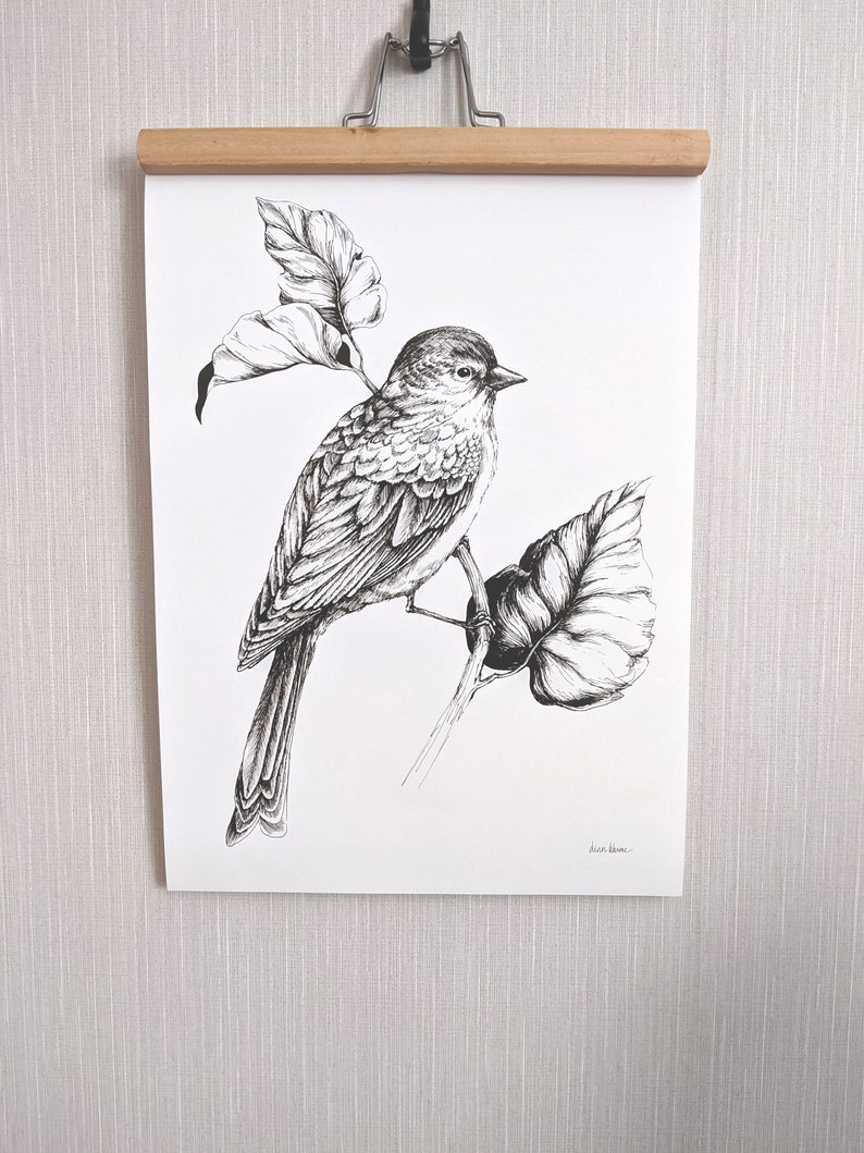 Boho illustration Bird Art print European greenfinch on a Branch Traditional Bird drawing, scandi design image 3