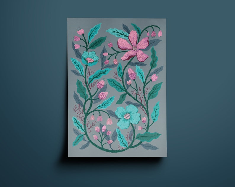 Whimsical Floral Art, modern botanical flower illustration, Pink & Blue Winter Flower art drawing, A3 poster image 1