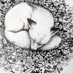 Fox sleeping in flowers Art print Flower Bed Art Black & White Pencil Fox illustration image 2