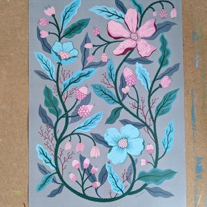 Whimsical Floral Art, modern botanical flower illustration, Pink & Blue Winter Flower art drawing, A3 poster image 3