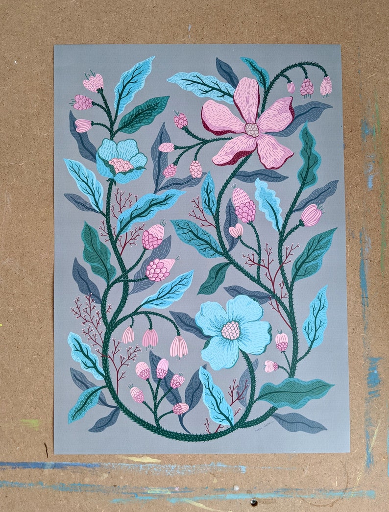 Whimsical Floral Art, modern botanical flower illustration, Pink & Blue Winter Flower art drawing, A3 poster image 3