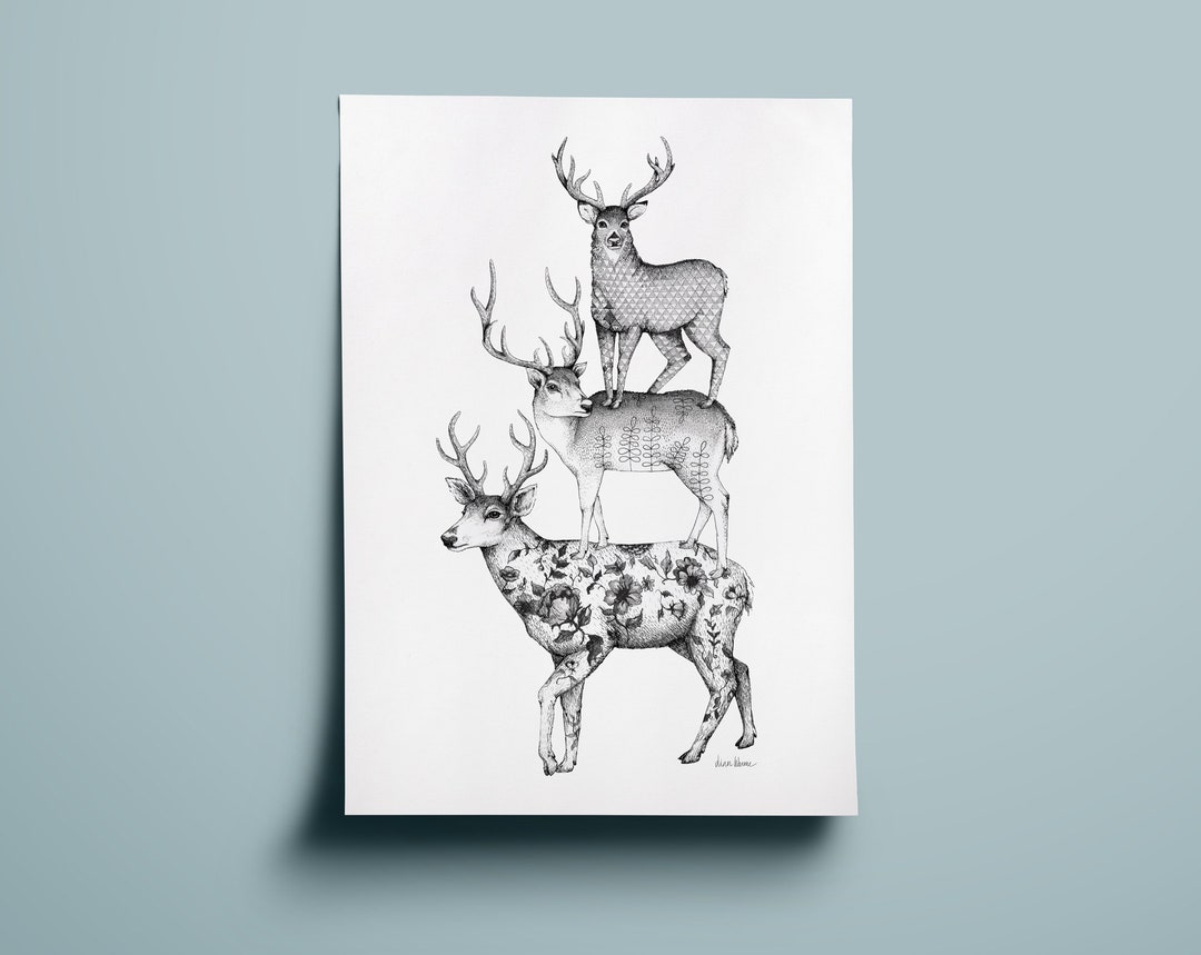 Three Stags Art Print Deer Print Floral Pattern Etsy
