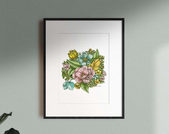 Pastel floral Print - Colorful flower illustration