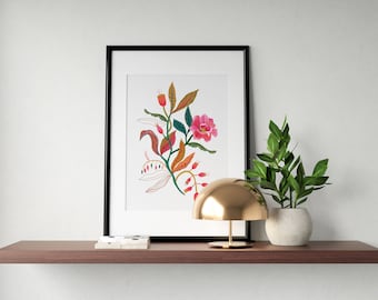 Boho Peony flower illustration, Botanical Wall Art - Floral home decor, pink boho flowers