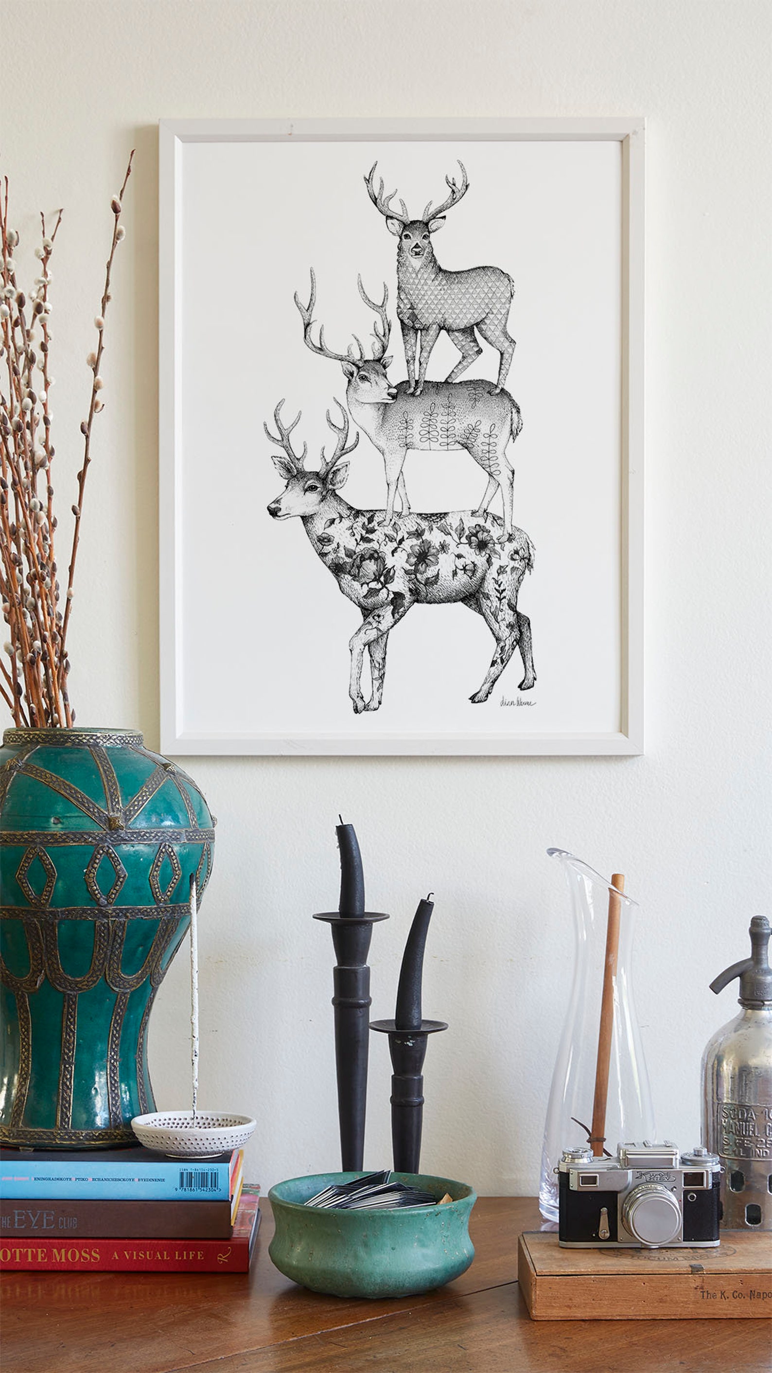 Three Stags Art Print Deer Print Floral Pattern Etsy