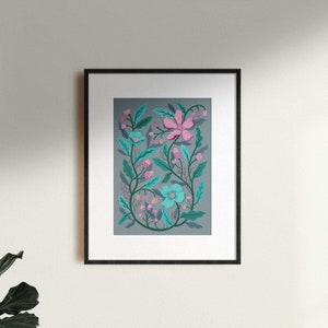 Whimsical Floral Art, modern botanical flower illustration, Pink & Blue Winter Flower art drawing, A3 poster