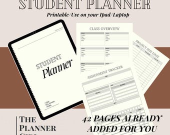 Puede incluir: Un planificador de estudiantes digital que se muestra en una tableta y páginas sueltas. La tableta muestra las palabras "Student Planner". Las páginas adicionales incluyen "Class Overview", "Assignment Tracker" y "Project Due Date". El texto dice "Add as many pages as you desire".
