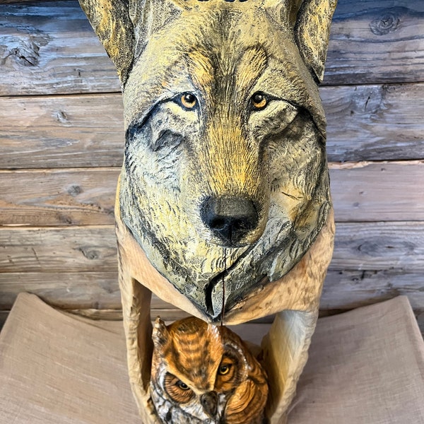 Chainsaw Carved Wolf and Owl Sculpture