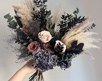 Moody Black & Red Rose Bridal Bouquet, Gothic Wedding Flowers, Preserved Eucalyptus, Dark Academia Decor - The Nightfall