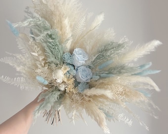 Baby Blue Pampas Bouquet, Winter Wedding Flowers, White Dried Rose Arrangement, Boho Cinderella Theme, Soft Blue Bridal Kit