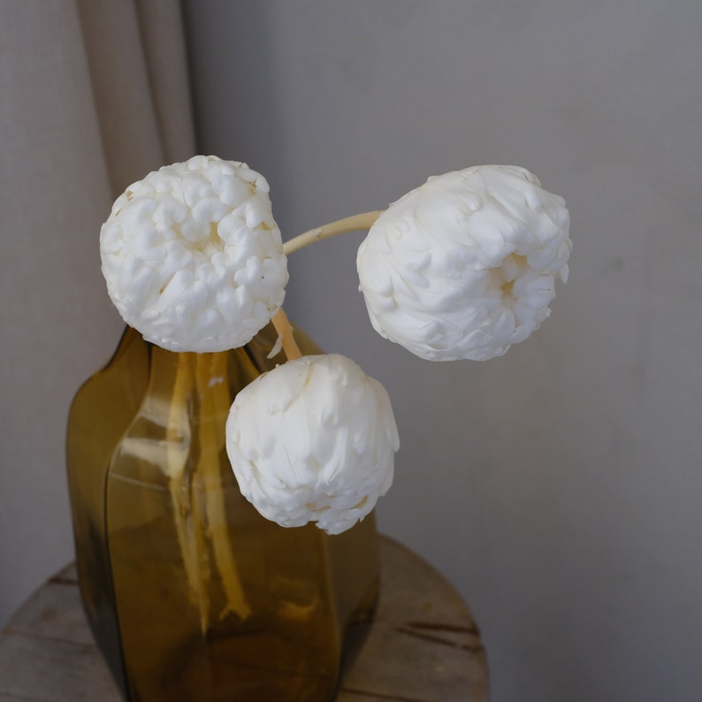 Peut inclure: Un bouquet de fleurs s&eacute;ch&eacute;es blanches dans un vase en verre brun. Les fleurs sont dispos&eacute;es dans un design simple et &eacute;l&eacute;gant.