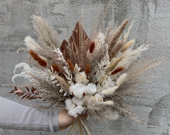 Terracotta Rust Bridal Bouquet, Dried Cotton Flower Arrangement, Boho Wedding Pampas Grass, Burnt Orange Fall Decor, Rustic - Terracotta