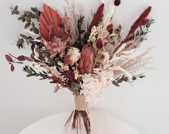 Bordeaux Bridal Bouquet Dried Flowers Boho Rustic Wedding Bouquet Pampas Hydrangea Protea