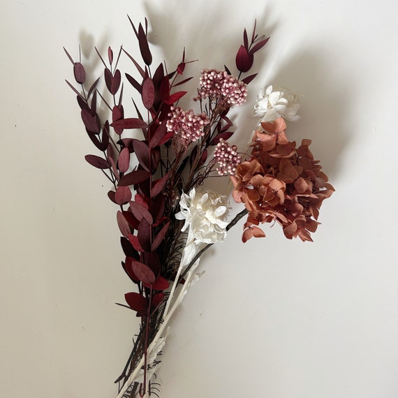 Moody Burgundy Wedding Flowers, Fall Dried Floral Bunch, Rustic Table Centerpiece, Wine Red & Cream Decor, Mini Bridesmaid Bouquet