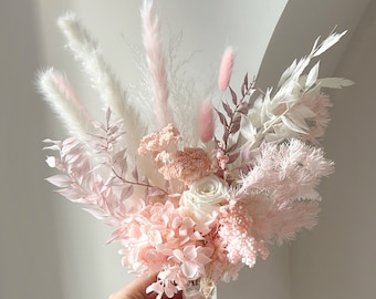 Blush Pink Dried Flower Bouquet, Boho Wedding Bridal Arrangement