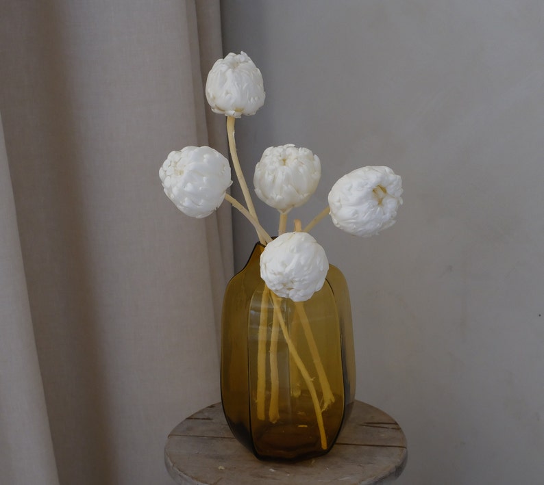 Peut inclure: Un vase en verre brun de forme carr&eacute;e contient un bouquet de fleurs s&eacute;ch&eacute;es blanches. Les fleurs ont une texture moelleuse et sont dispos&eacute;es dans un design simple et &eacute;l&eacute;gant.