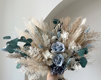 Dusty Blue Bridal Bouquet, Dried Eucalyptus Pampas Grass, Slate Blue Wedding Flowers, Boho Neutral Arrangement, Something Blue for Bride